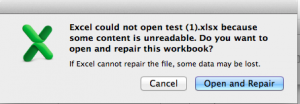 Excel could not open test(1).xlsx because some content is unreadable. Do you want to open and repair this workbook?