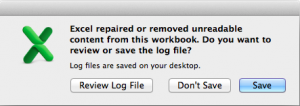 Excel repaired or removed unreadable content from this workbook. Do you want to review or save the log file?